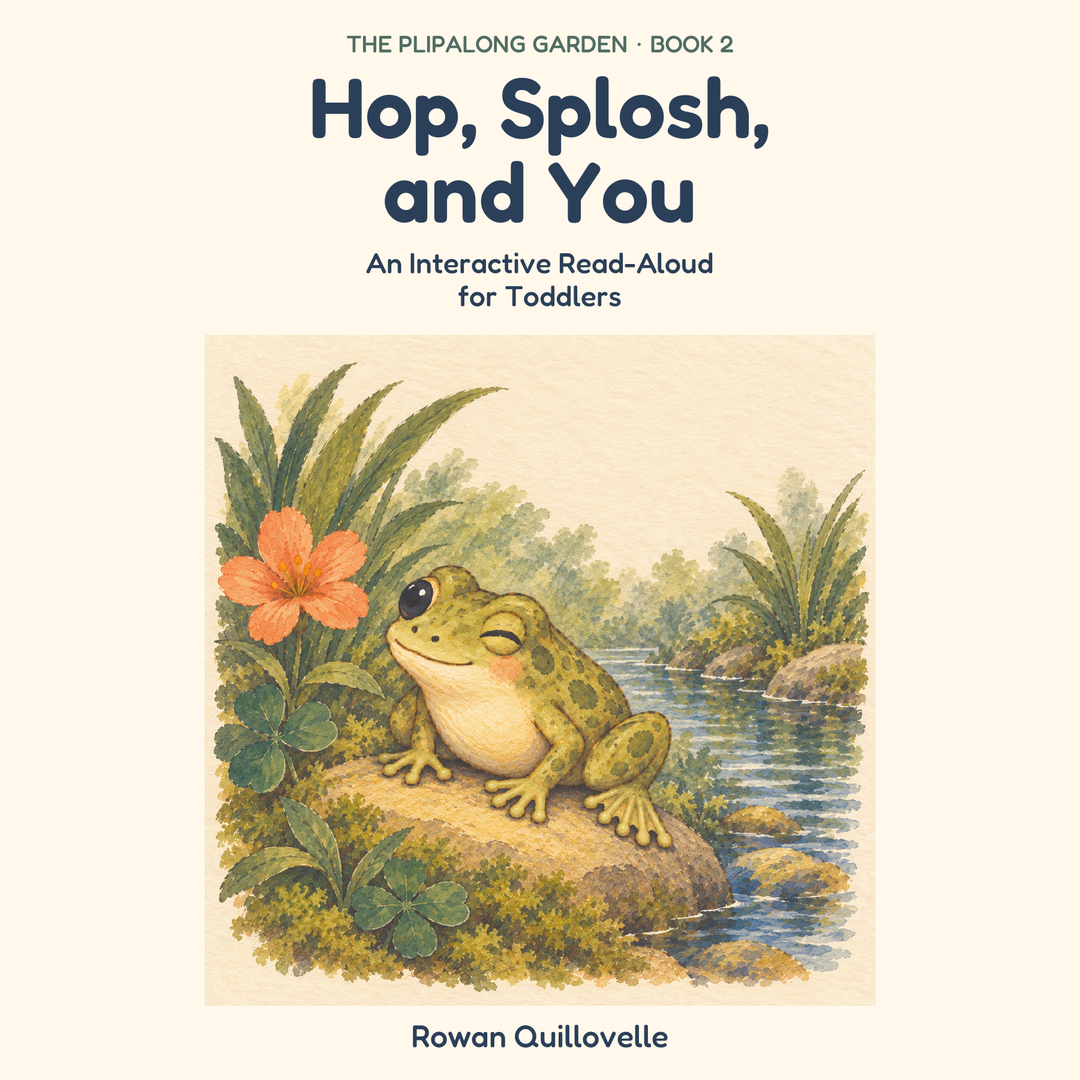 Hop, Splosh, and You: An Interactive Read-Aloud for Toddlers. The Plipalong Garden Book 2, by Rowan Quillovelle. Olive-green Frog sits on a sunny stone beside a garden pool.