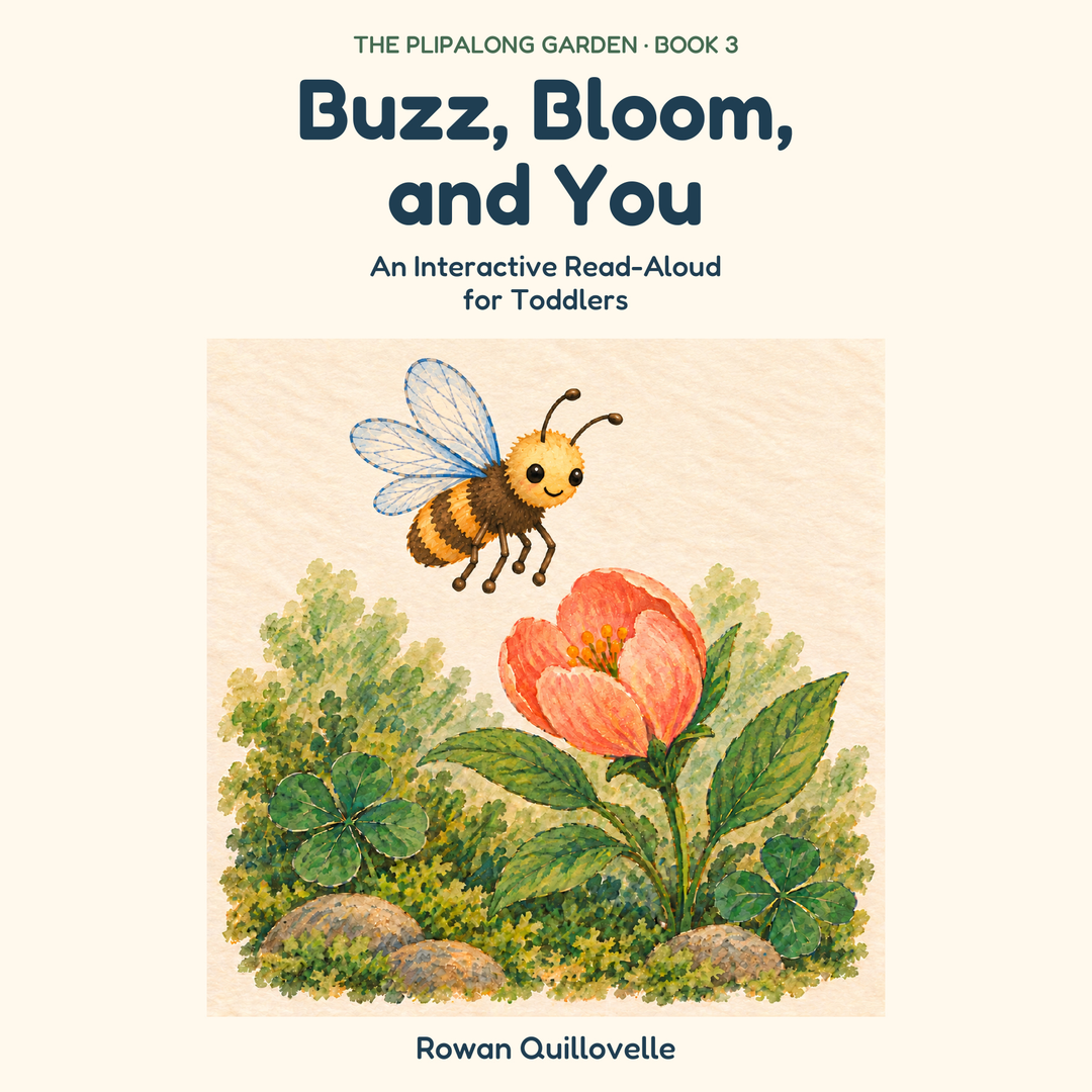 Buzz, Bloom, and You: An Interactive Read-Aloud for Toddlers. The Plipalong Garden Book 3, by Rowan Quillovelle. Honey-yellow Bee hovers beside a coral flower with opening petals among clover and garden stones.
