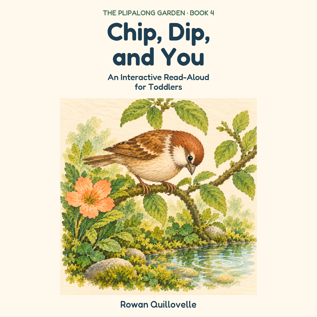 Chip, Dip, and You: An Interactive Read-Aloud for Toddlers. The Plipalong Garden Book 4, by Rowan Quillovelle. Warm-brown Sparrow leans from a leafy twig toward a small garden pool, with a coral flower on the left.