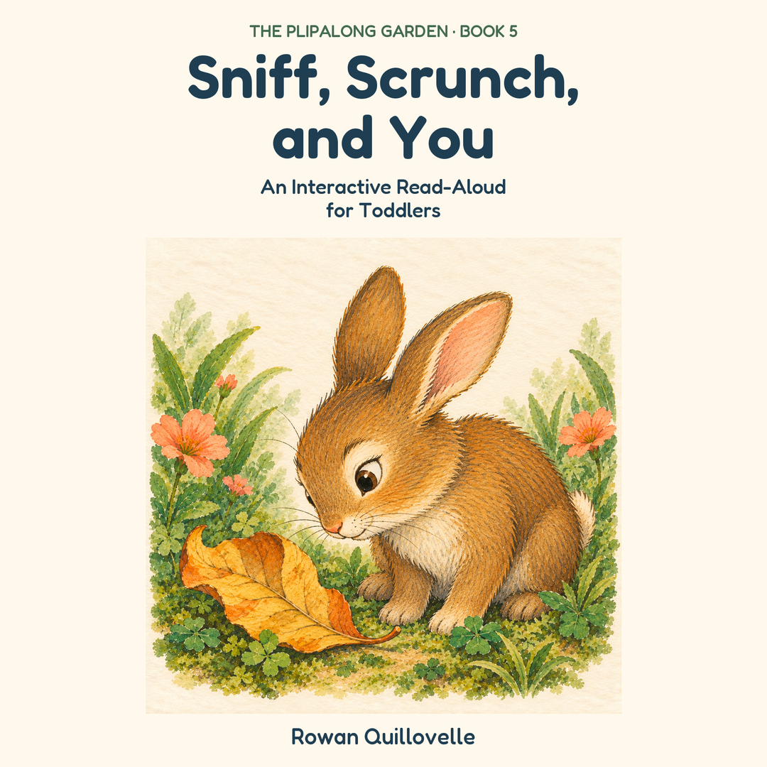 Sniff, Scrunch, and You: An Interactive Read-Aloud for Toddlers. The Plipalong Garden Book 5, by Rowan Quillovelle. Honey-brown Rabbit looks toward one dry ochre leaf on a garden path among clover and coral flowers.