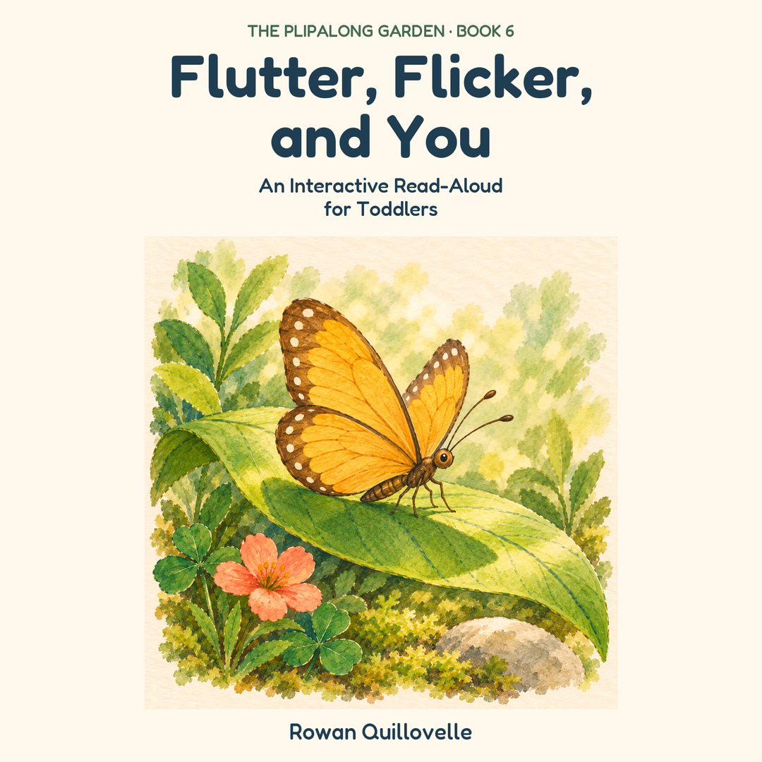 Flutter, Flicker, and You: An Interactive Read-Aloud for Toddlers. The Plipalong Garden Book 6, by Rowan Quillovelle. Golden Butterfly rests on a broad green leaf above a soft wing-shaped shadow, with a coral flower below and a pale stone to the right.