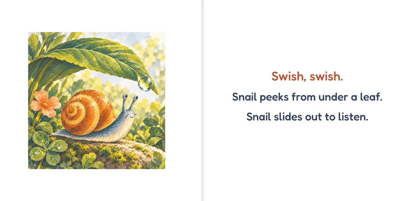 Opening spread: Snail shelters under a green leaf. The story says Swish, swish. Snail peeks from under a leaf. Snail slides out to listen.